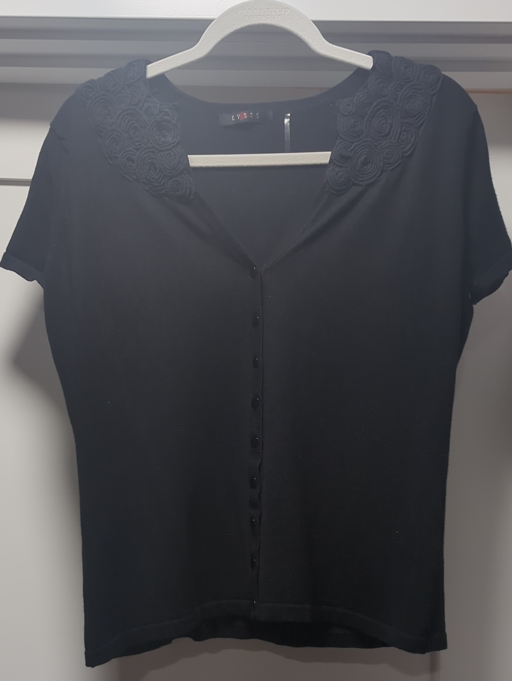 Cyrus Black Short-Sleeve Button-Down Top with Rosette Collar